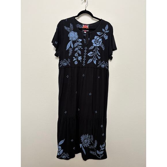 Johnny Was Lyra Tiered Ruffled Knit Dress Black Blue Floral Size Medium - Picture 1 of 6